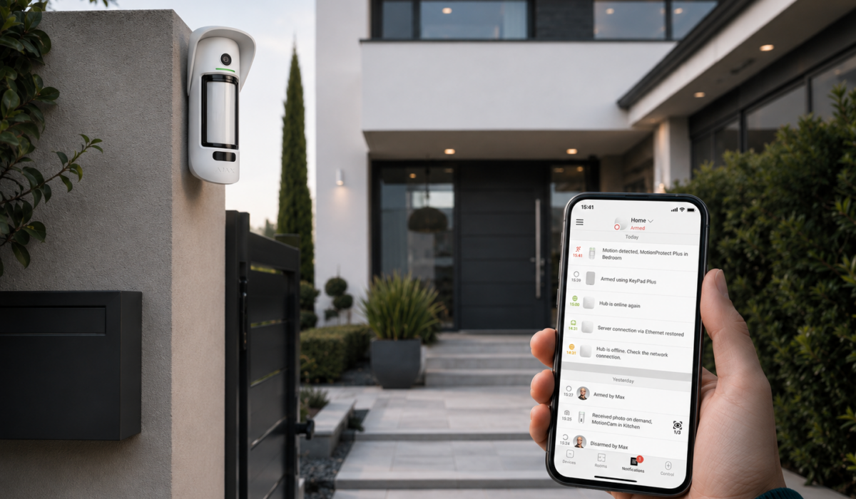 Détecteur extérieur Ajax et pilotage du système depuis l’application mobile